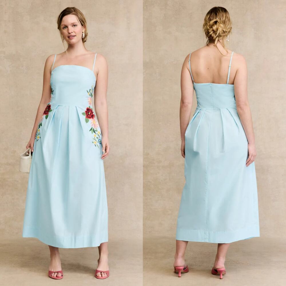 Fanm Mon Sandine Dress Floral Embroidered Sleeveless Midi Light Lagoon Blue L
